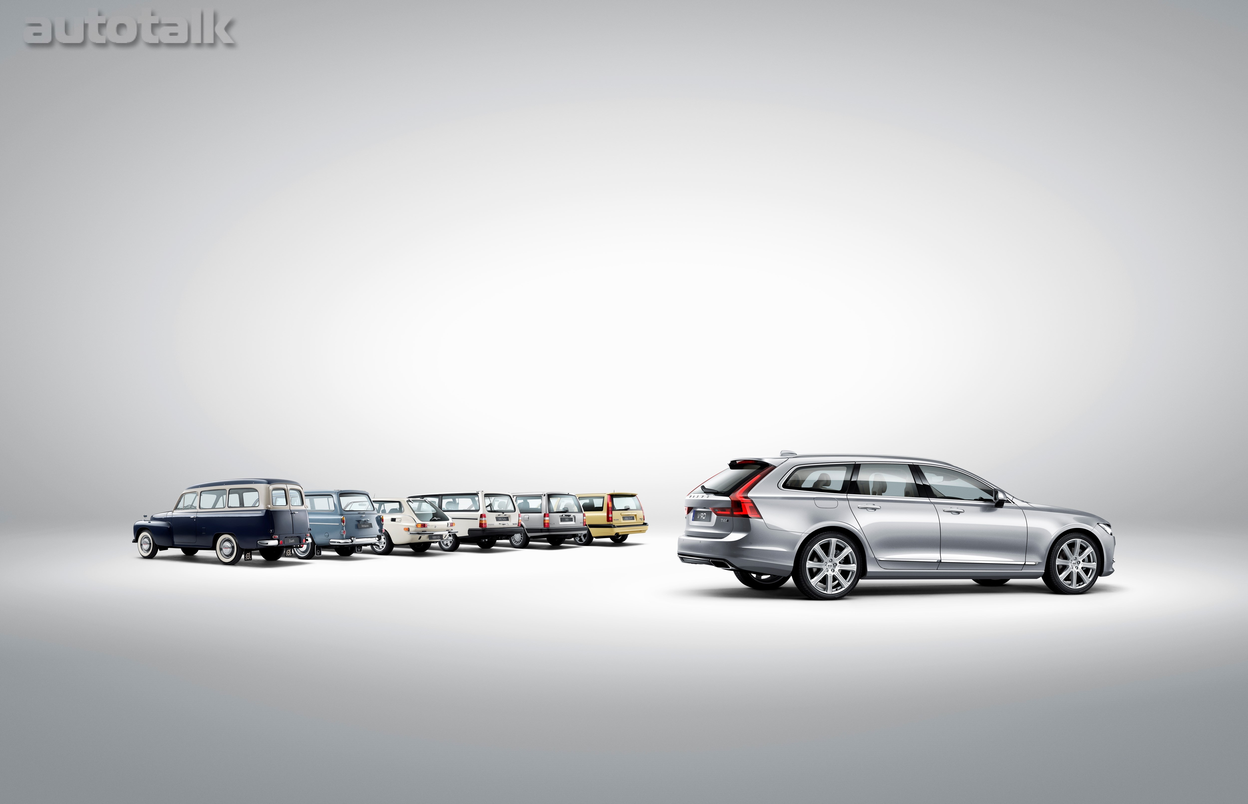 2017 Volvo V90 and a historical line-up of Volvo estate models